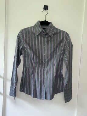 Express Design Studio Women's Classic Fit Grey Stripe Dress Shirt